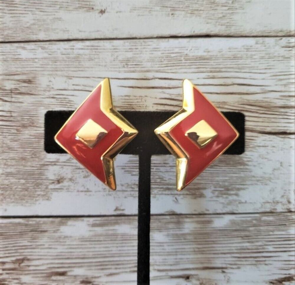 Vintage Clip On Earrings - Statement Gold Tone & Red Stylish Large Retro